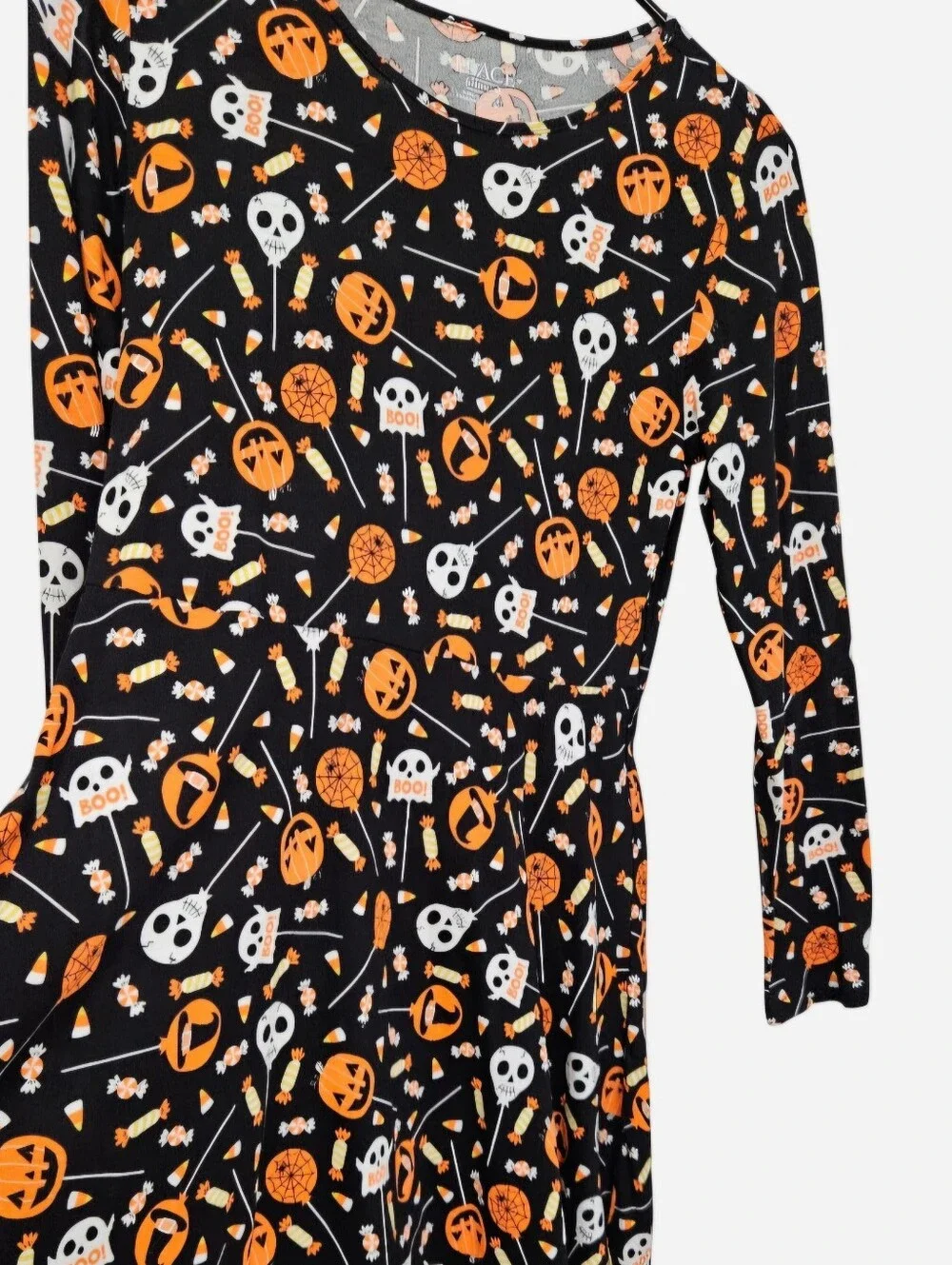 Halloween long sleeve dress orange & white skulls & bats black background, GIRLS